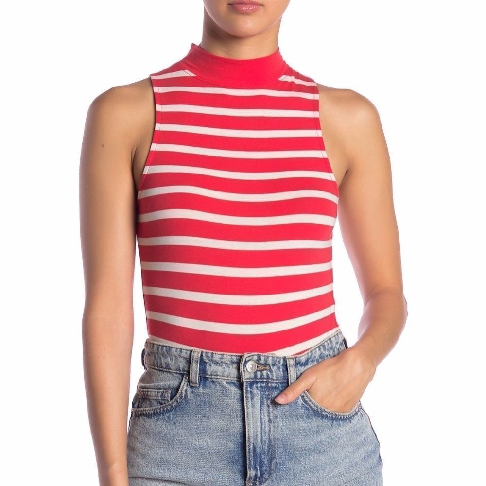 NWOT Abound High Neck Striped Bodysuit‎ M Red
